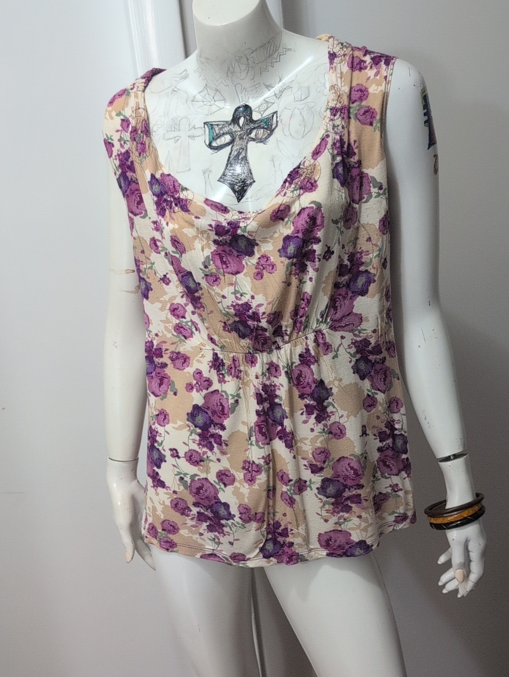 Olivia Moon Purple Floral Cowl-Neck Camisole on Cream